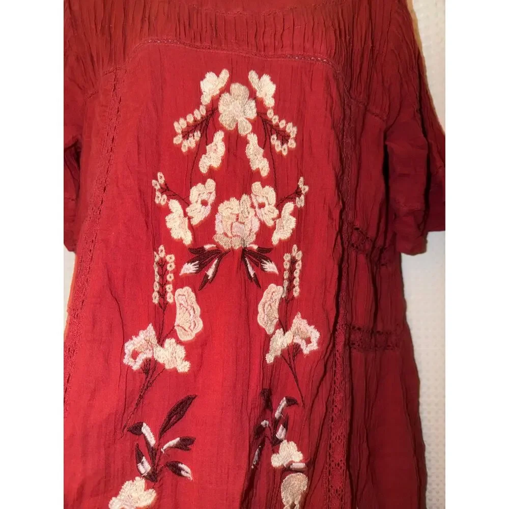 Free People Embroidered Cotton Gauze Boho Mini Dress Large Rust Red - Picture 2 of 7